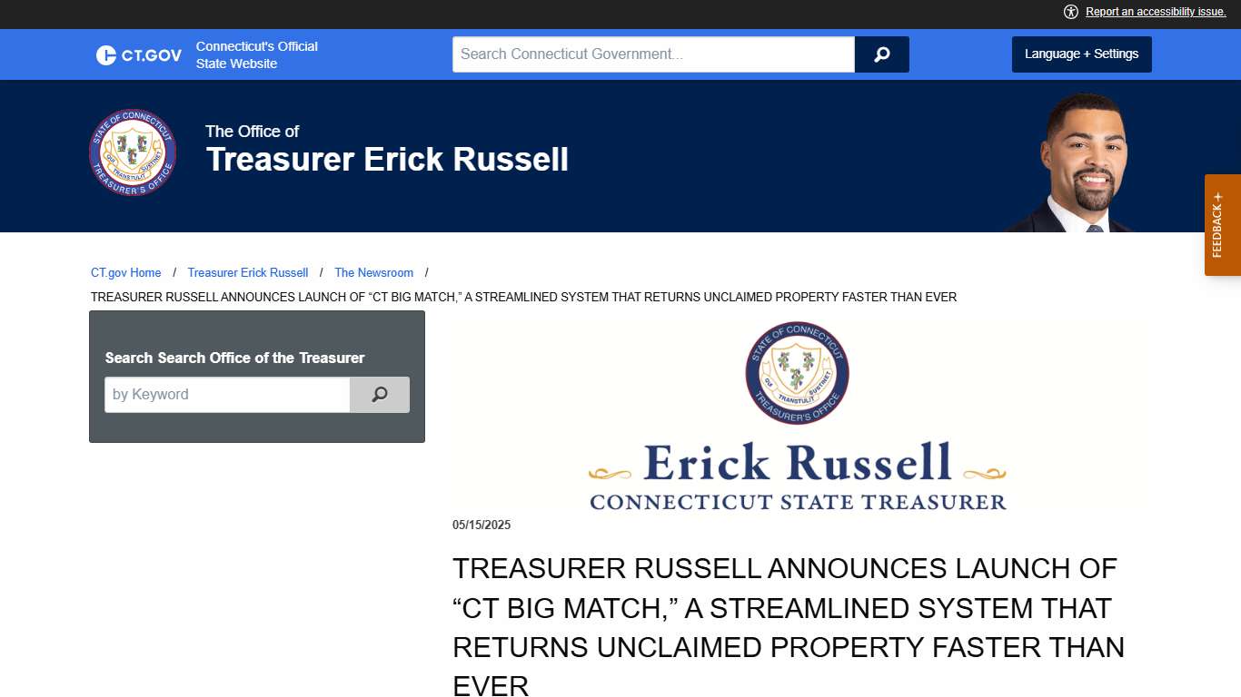 TREASURER RUSSELL ANNOUNCES LAUNCH OF CT BIG MATCH