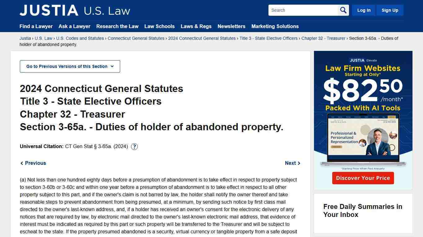 Connecticut General Statutes § 3-65a. (2024) - Duties of holder of abandoned property. :: Title 3, Chapter 32 - Treasurer :: 2024 Connecticut General Statutes :: U.S. Codes and Statutes :: U.S. Law :: Justia